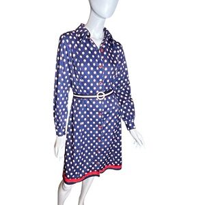 Vintage 70s Blue and White Polka Dot Midi  Dress Large